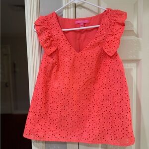Lilly Pulitzer M Lina Eyelet Top Spicy Coral Pink Neon Sunburst Medium like new